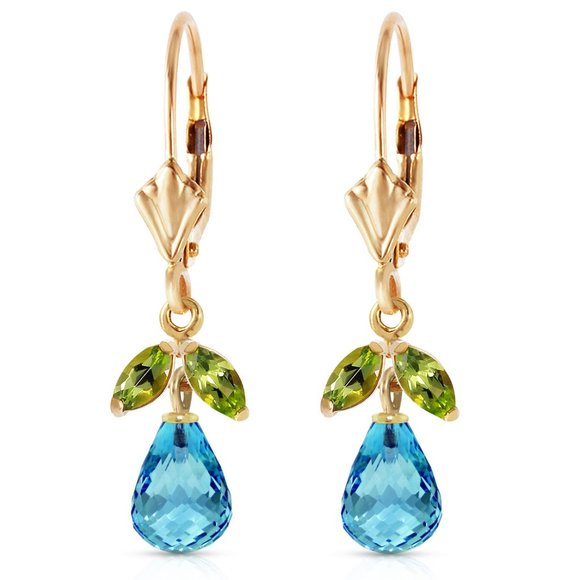 14K GOLD LEVERBACK EARRING W BLUE TOPAZ & PERIDOTS - Picture 1 of 5